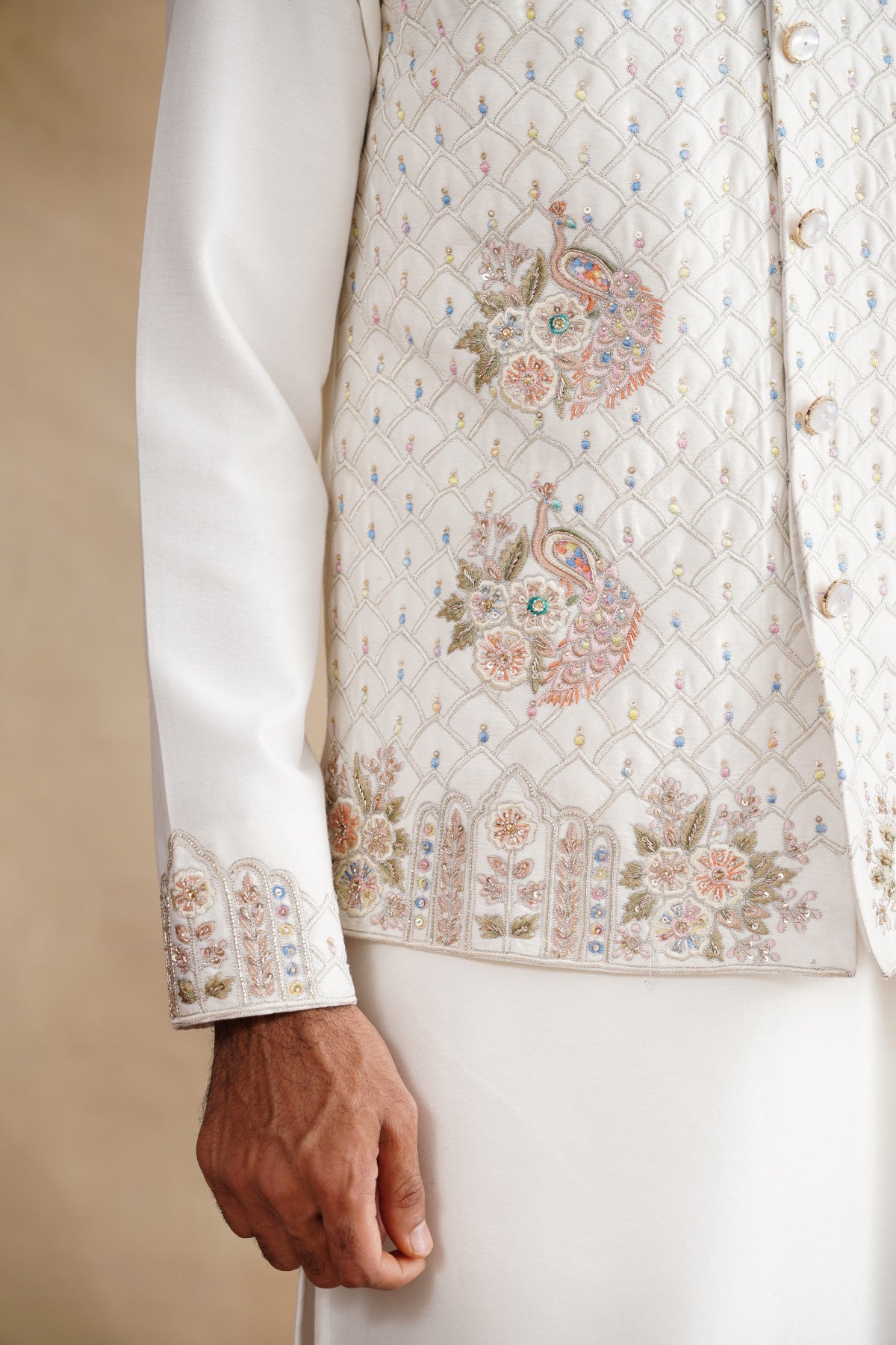 Ivory Waistcoat Kurta Set with Geometric Lattice & Pastel Floral Embroidery