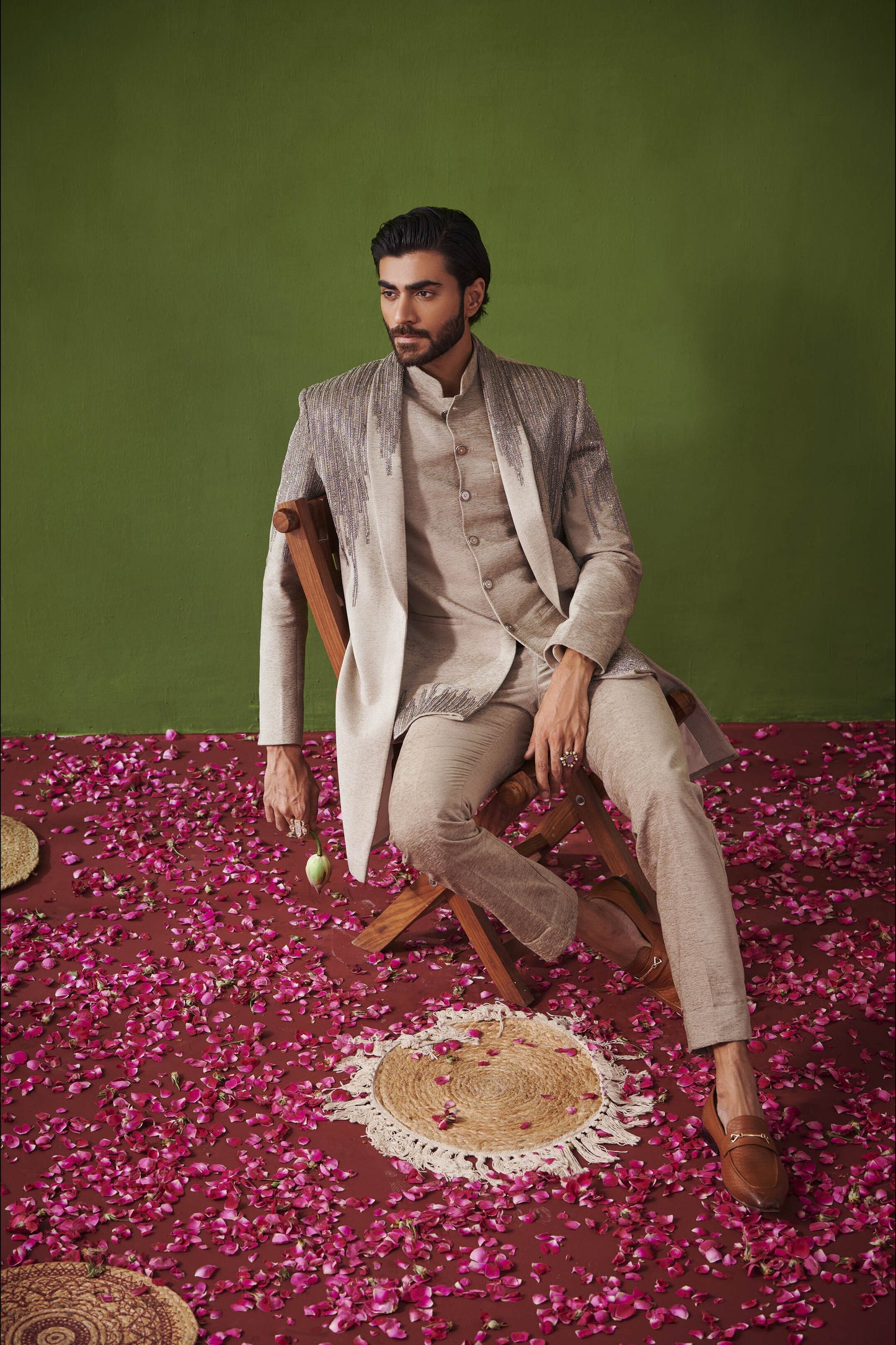 Light Grey Cutdana Embroidered Indowestern on Textured Suede