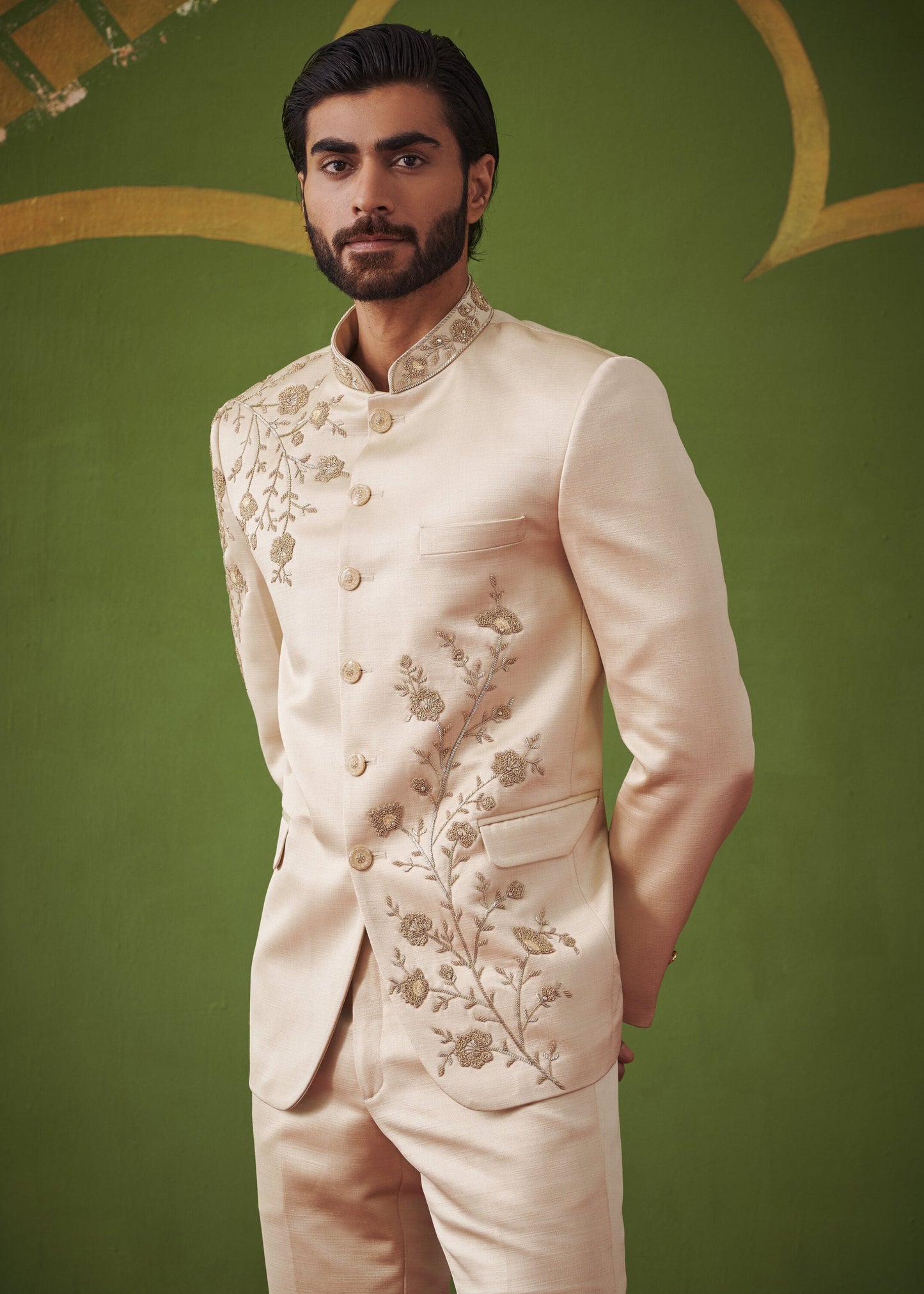 Light Golden Zardosi Embroidered Bandhgala