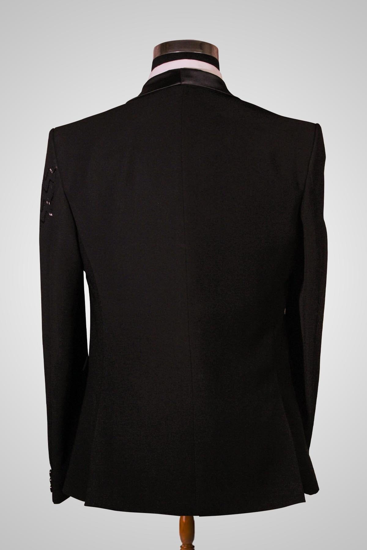 Black Cutdana Embroidered Italian Tuxedo Suit Lagan