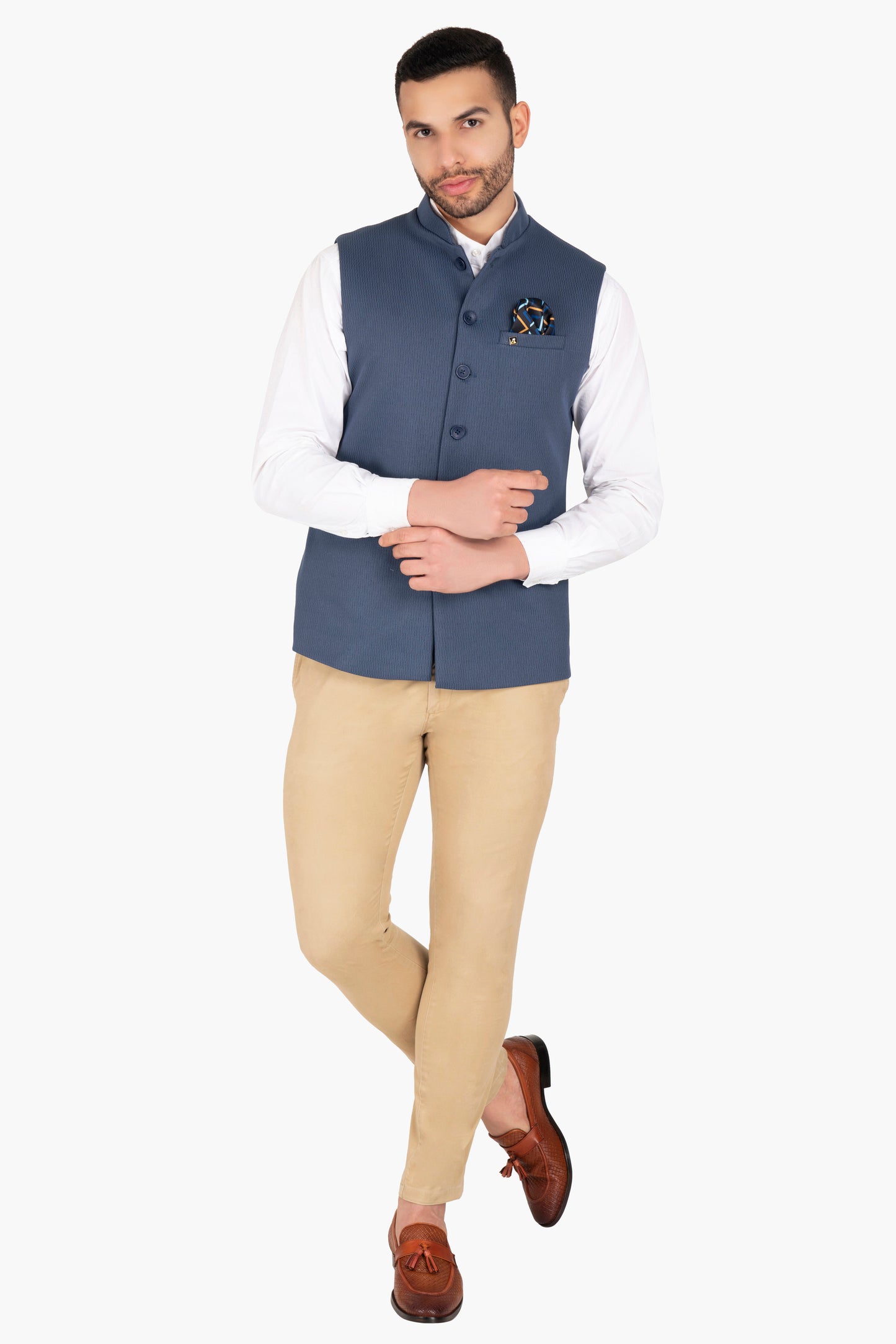Blue Knitted Slim Fit Waistcoat