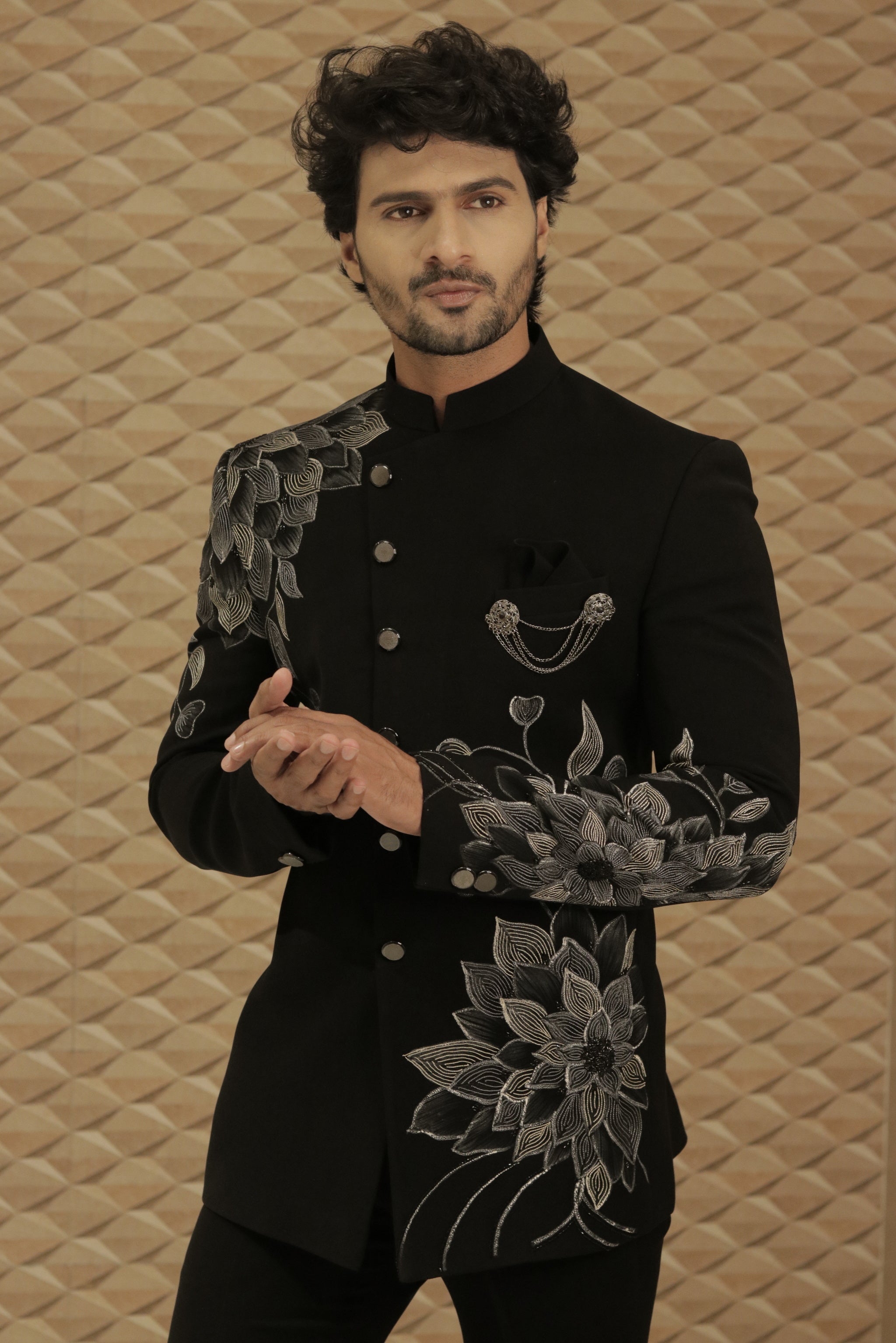 Black Hand Painted Bandhgala Suit for Men by Lagan Wedding - Image 1
