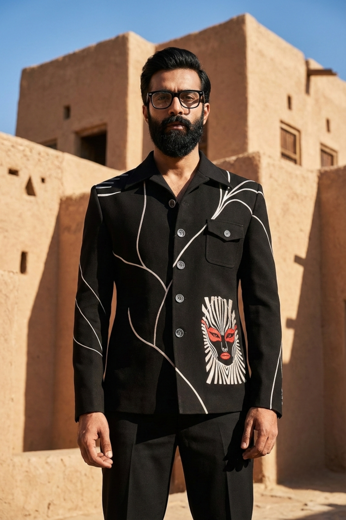 Black Statement Partywear Shacket Set with Abstract Work