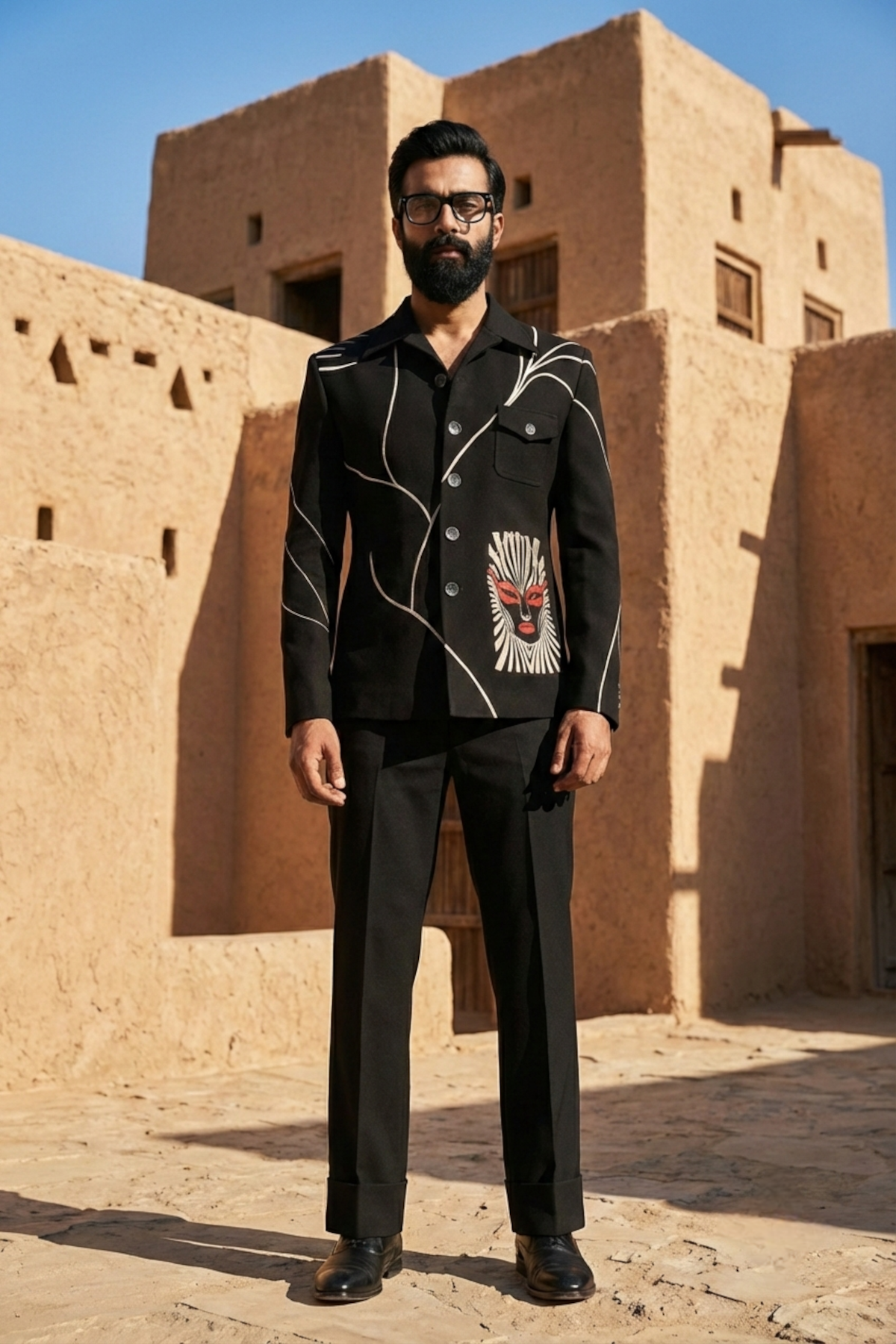 Black Statement Partywear Shacket Set with Abstract Work