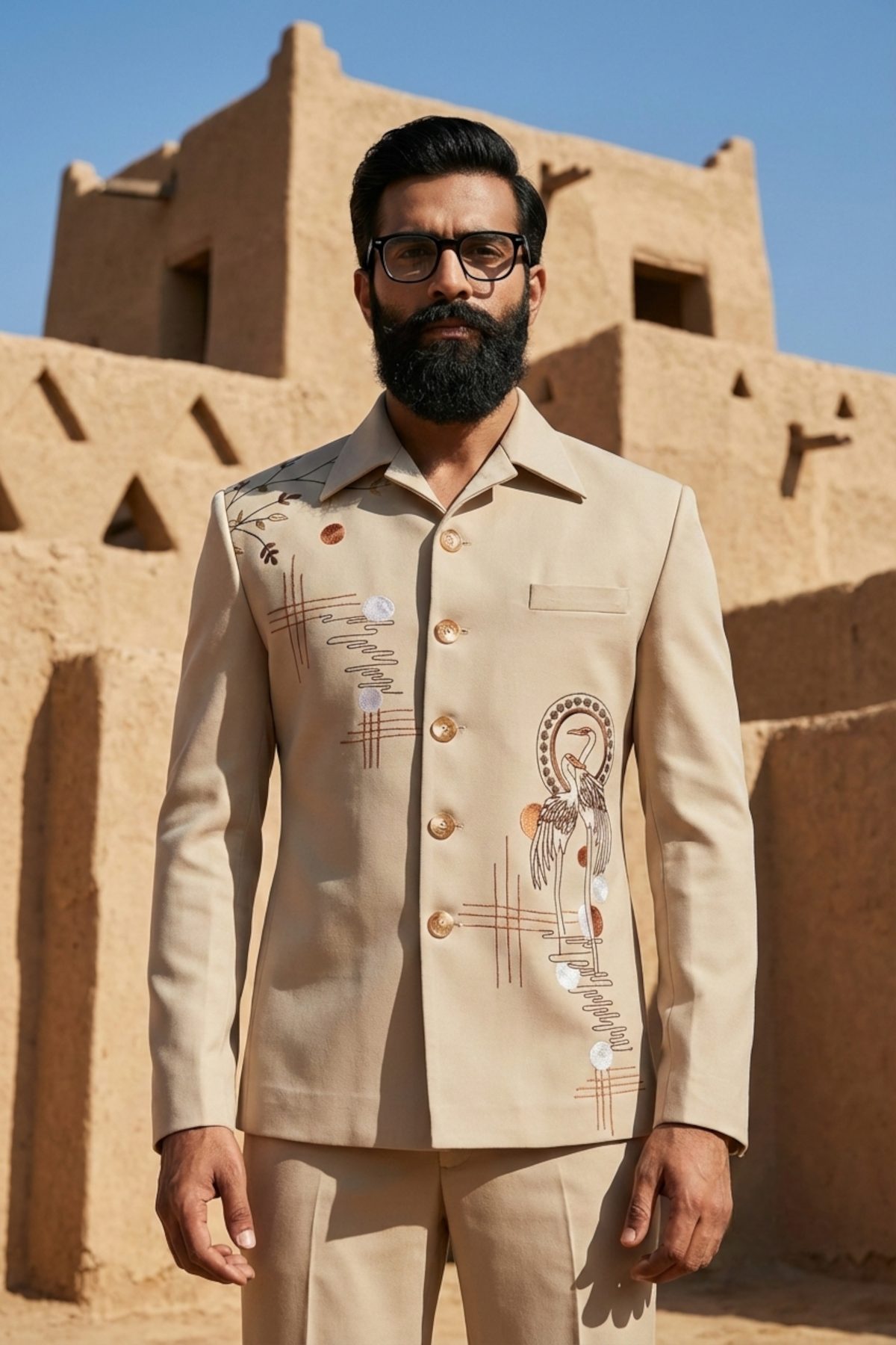 Beige Embroidered Partywear Shacket Set with Bird Motif