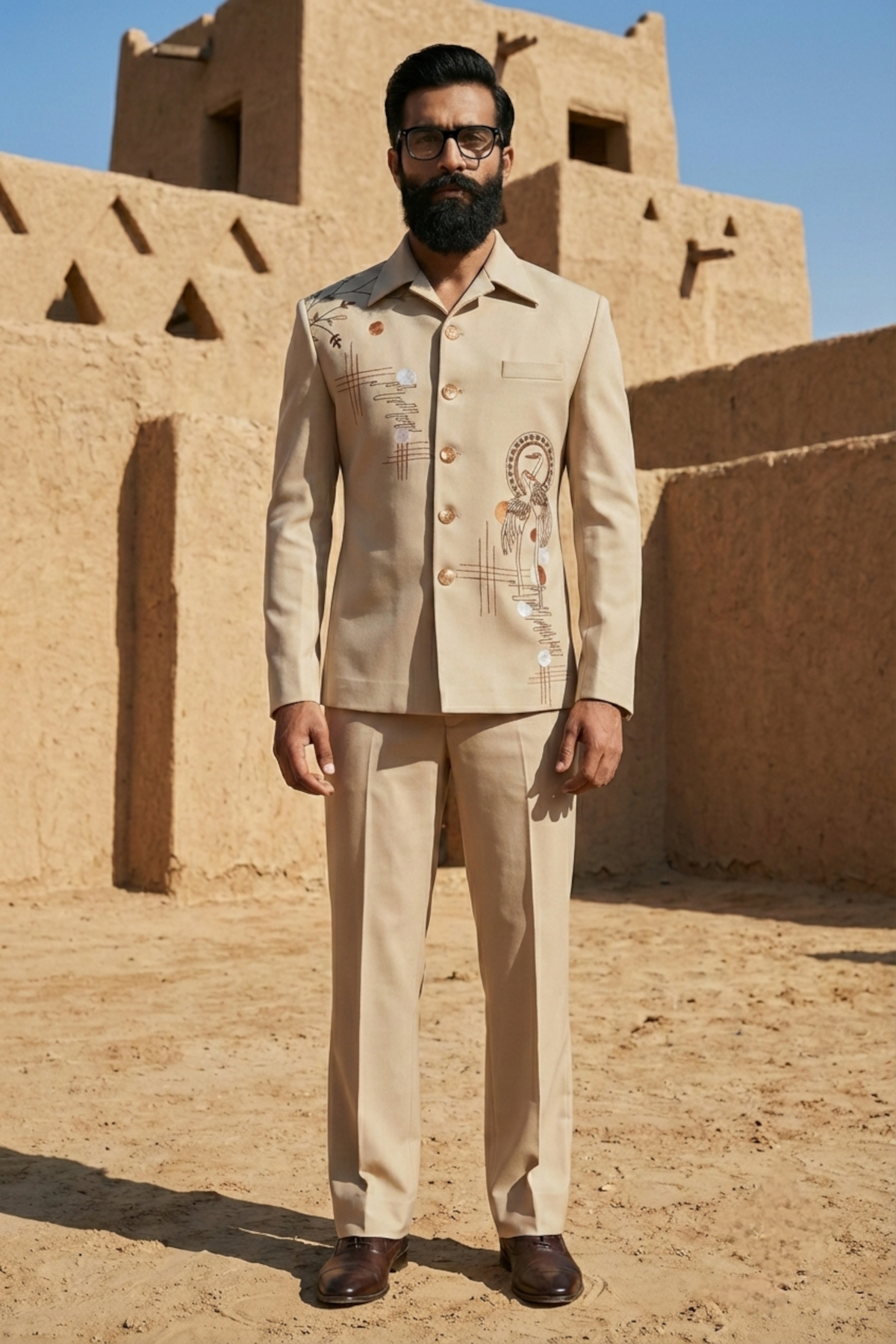 Beige Embroidered Partywear Shacket Set with Bird Motif