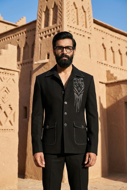 Black Designer Shacket Set with Wolf Embroidery