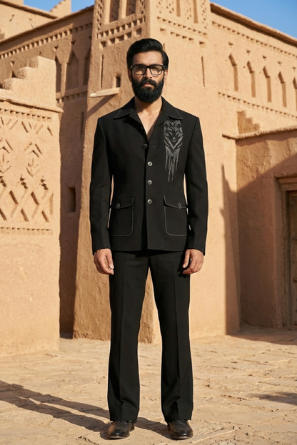 Black Designer Shacket Set with Wolf Embroidery