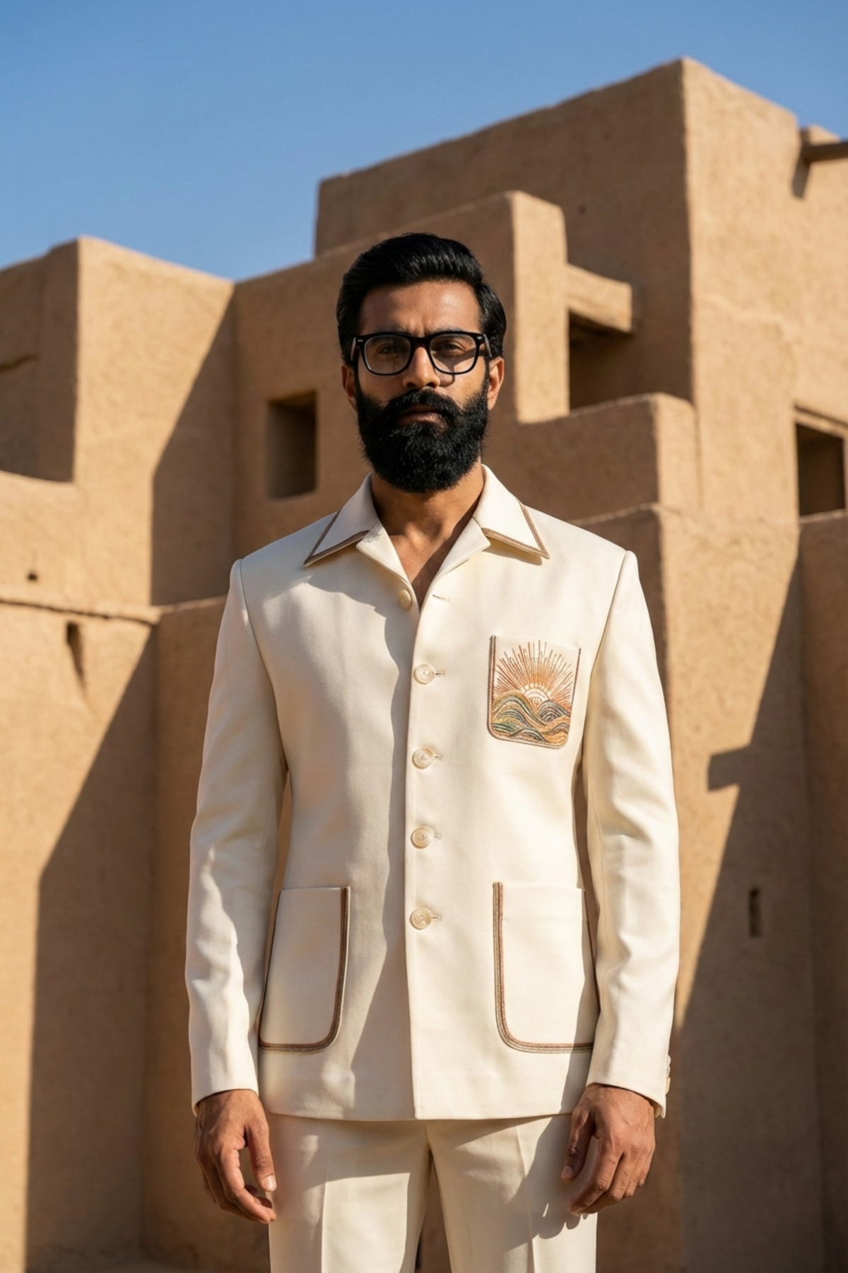 Ivory Shacket Set with Embroidered Pocket Motif