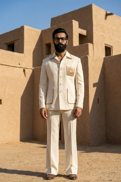 Ivory Shacket Set with Embroidered Pocket Motif