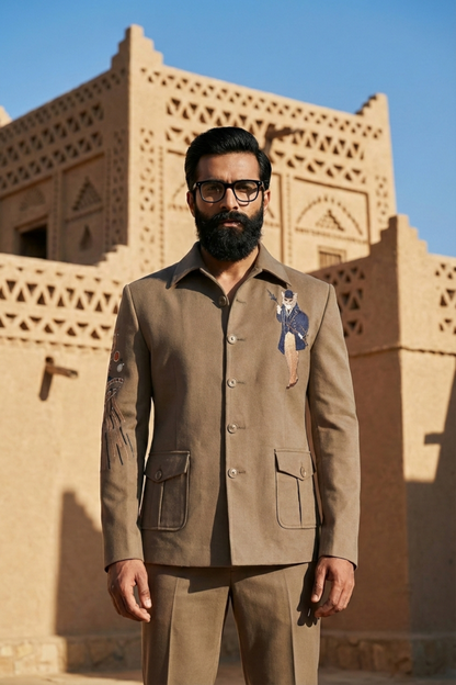 Brown Shacket Set with Embroidered Motif On Suede