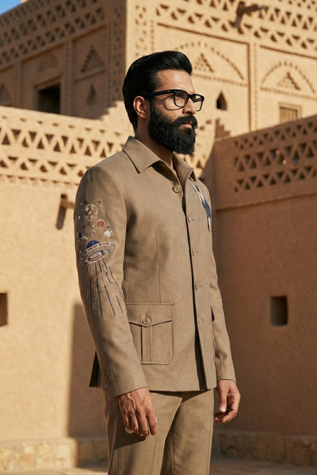 Brown Shacket Set with Embroidered Motif On Suede