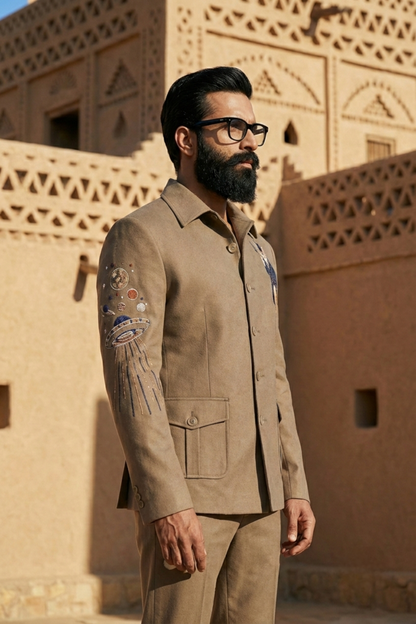 Brown Shacket Set with Embroidered Motif On Suede