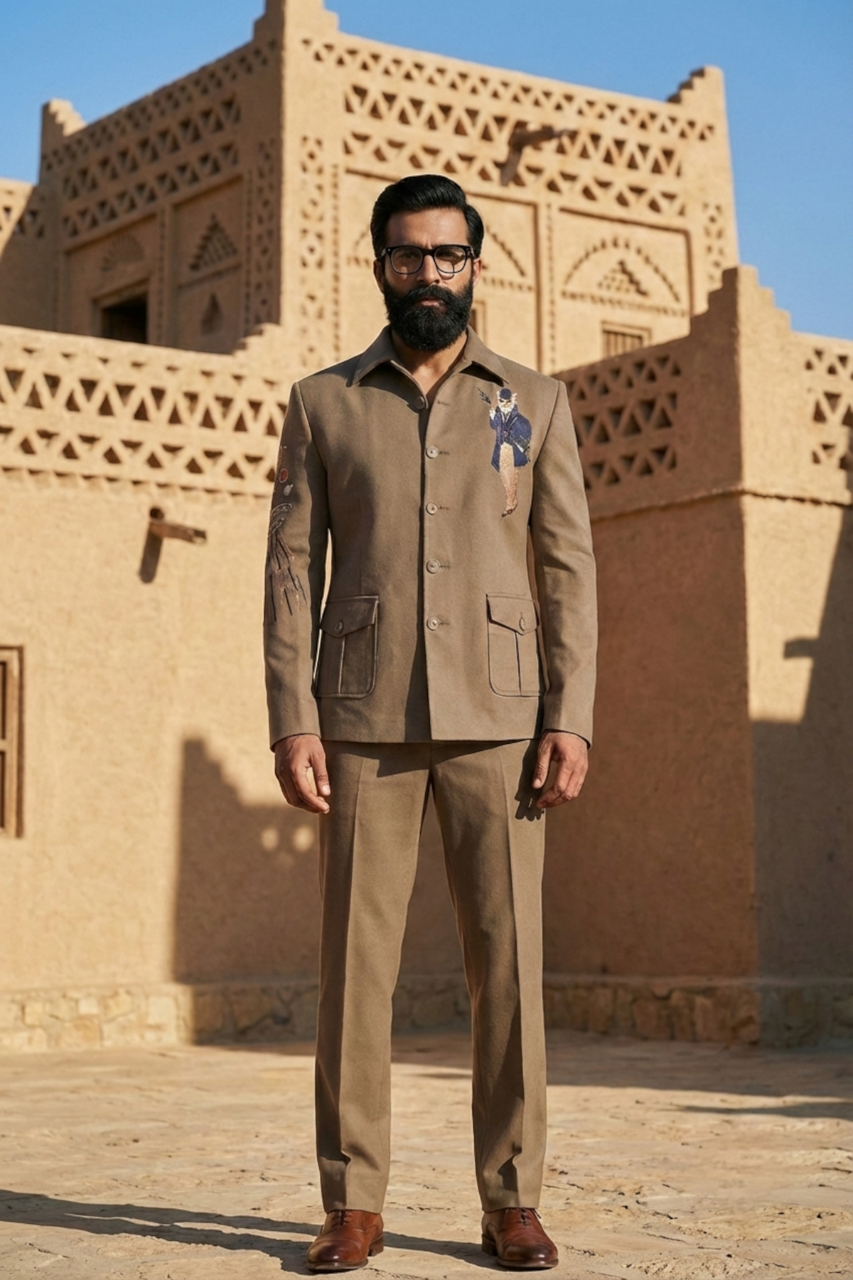 Brown Shacket Set with Embroidered Motif On Suede