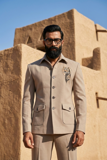 Light Grey Suede Jacket Set with Embroidered Leopard Motif