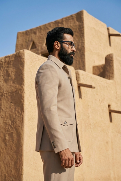 Light Grey Suede Jacket Set with Embroidered Leopard Motif