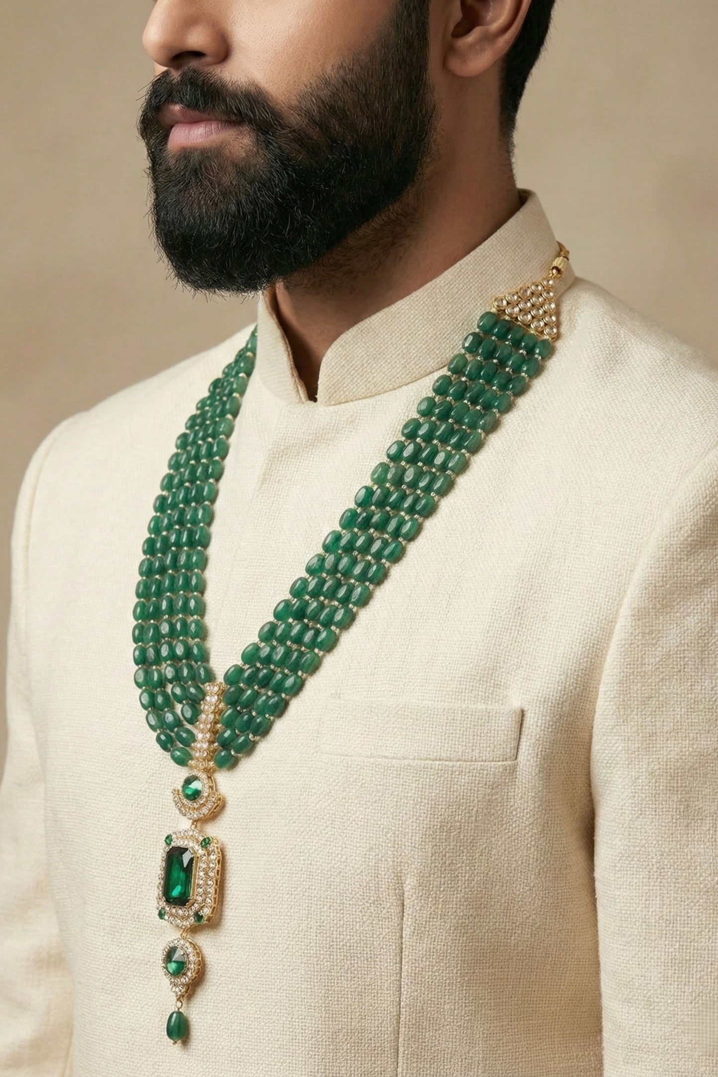 Multi-Strand Green Bead Mala with Emerald-Cut Pendant