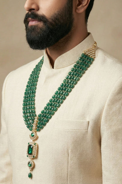 Multi-Strand Green Bead Mala with Emerald-Cut Pendant