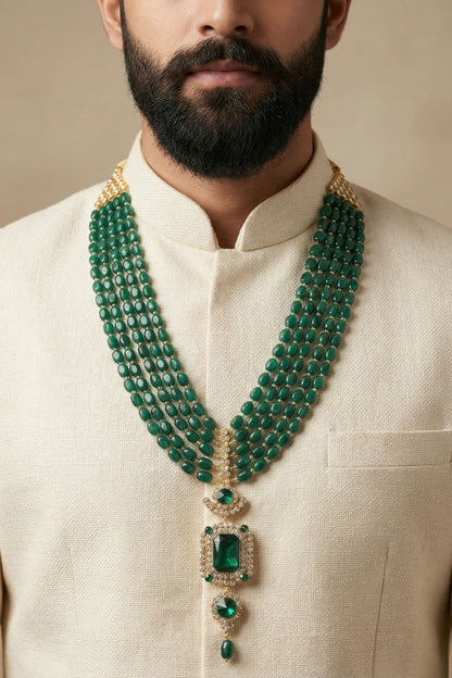 Multi-Strand Green Bead Mala with Emerald-Cut Pendant