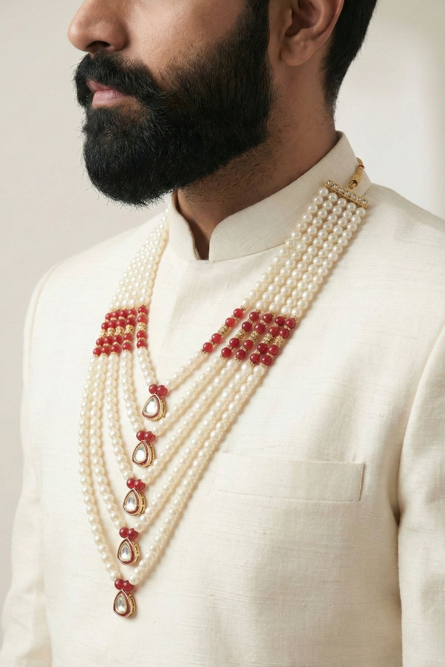 Traditional Multi-Layer Pearl & Red Stone Mala