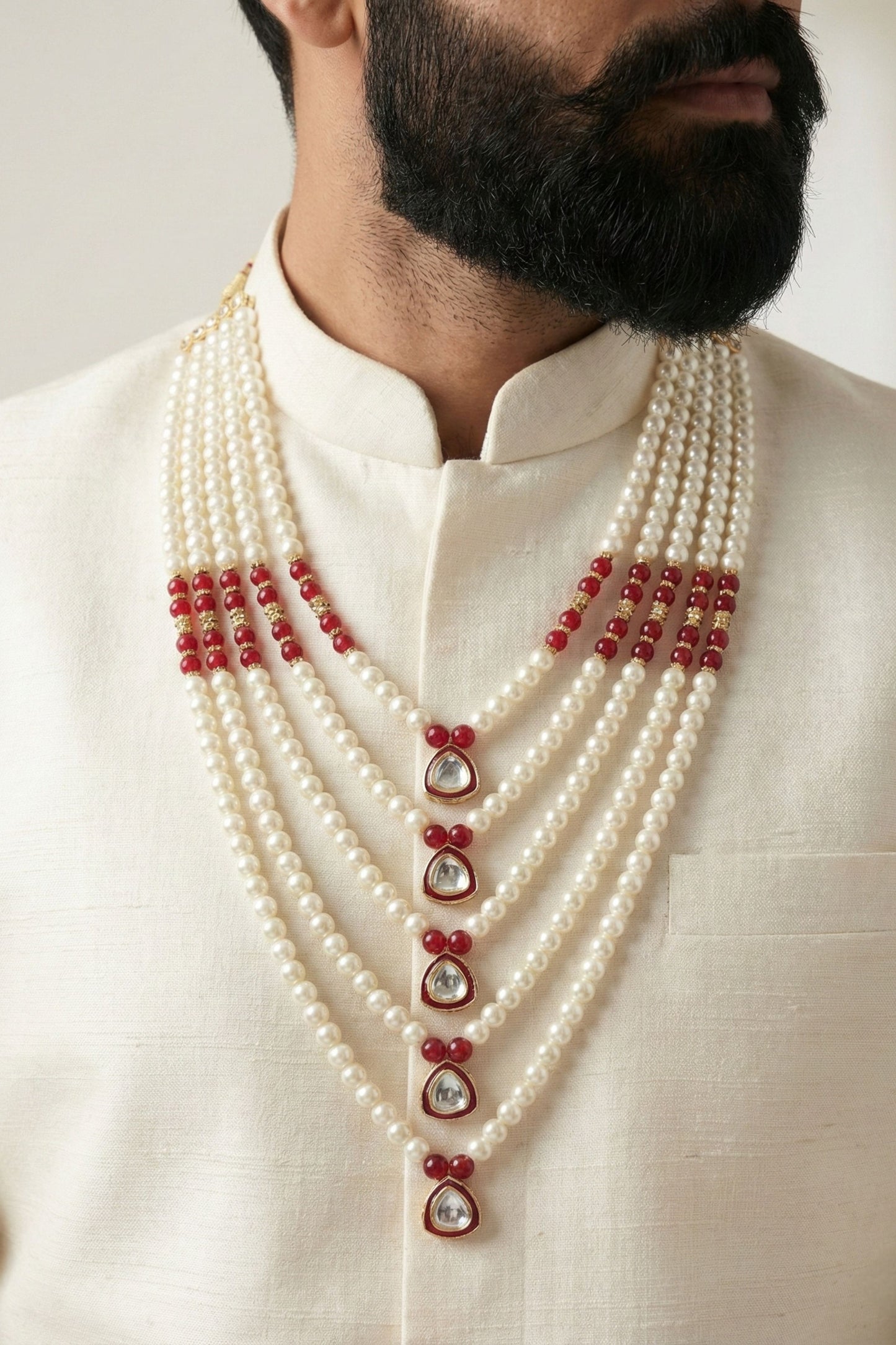 Traditional Multi-Layer Pearl & Red Stone Mala