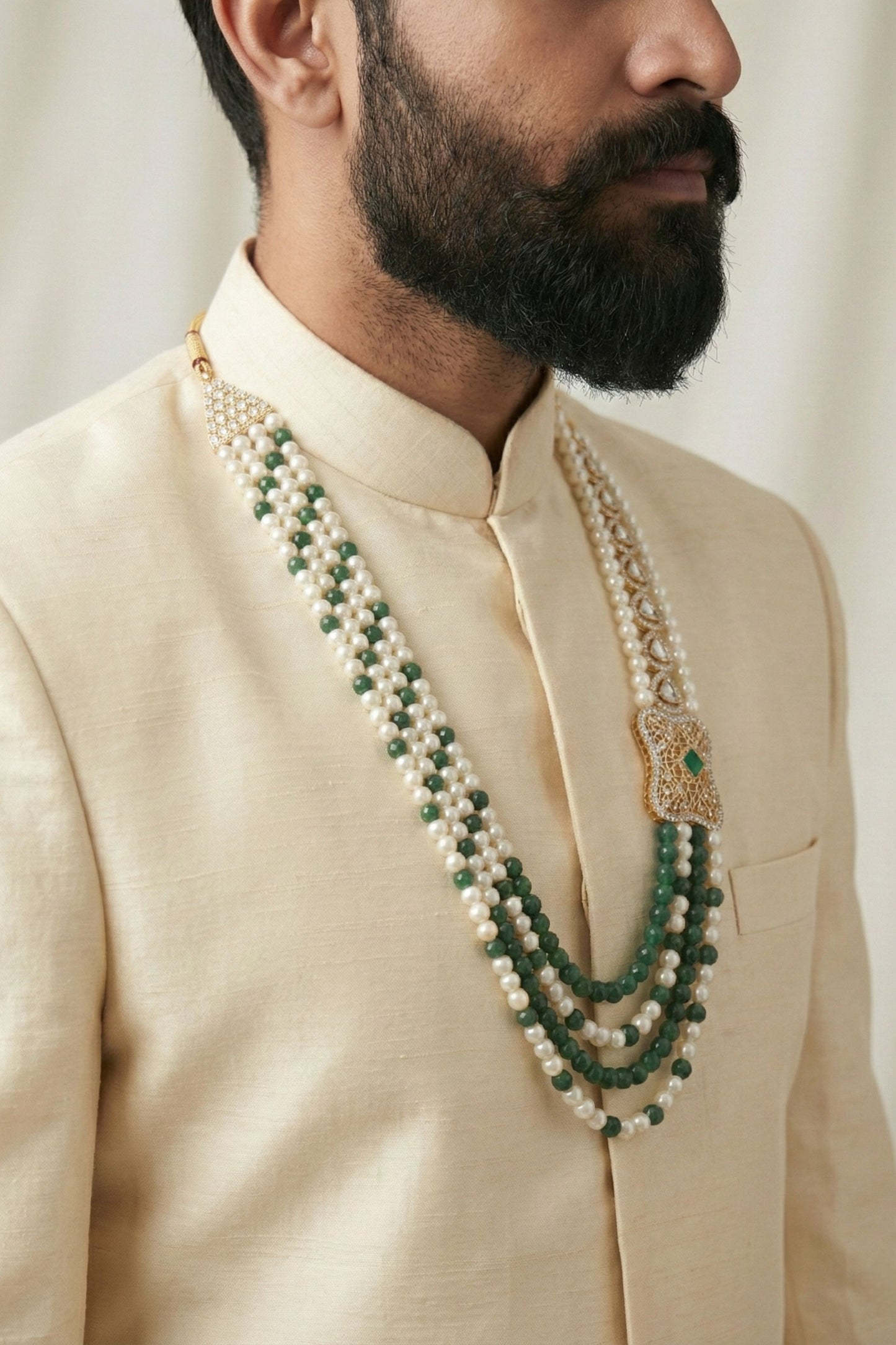 3-Layer Pearl and Green Bead Mala with Side Pendant