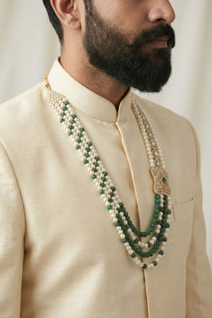 3-Layer Pearl and Green Bead Mala with Side Pendant