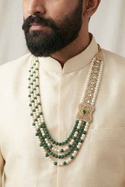 3-Layer Pearl and Green Bead Mala with Side Pendant