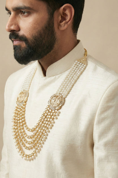 Premium 5-Layer Pearl and Kundan Mala with Antique Broches