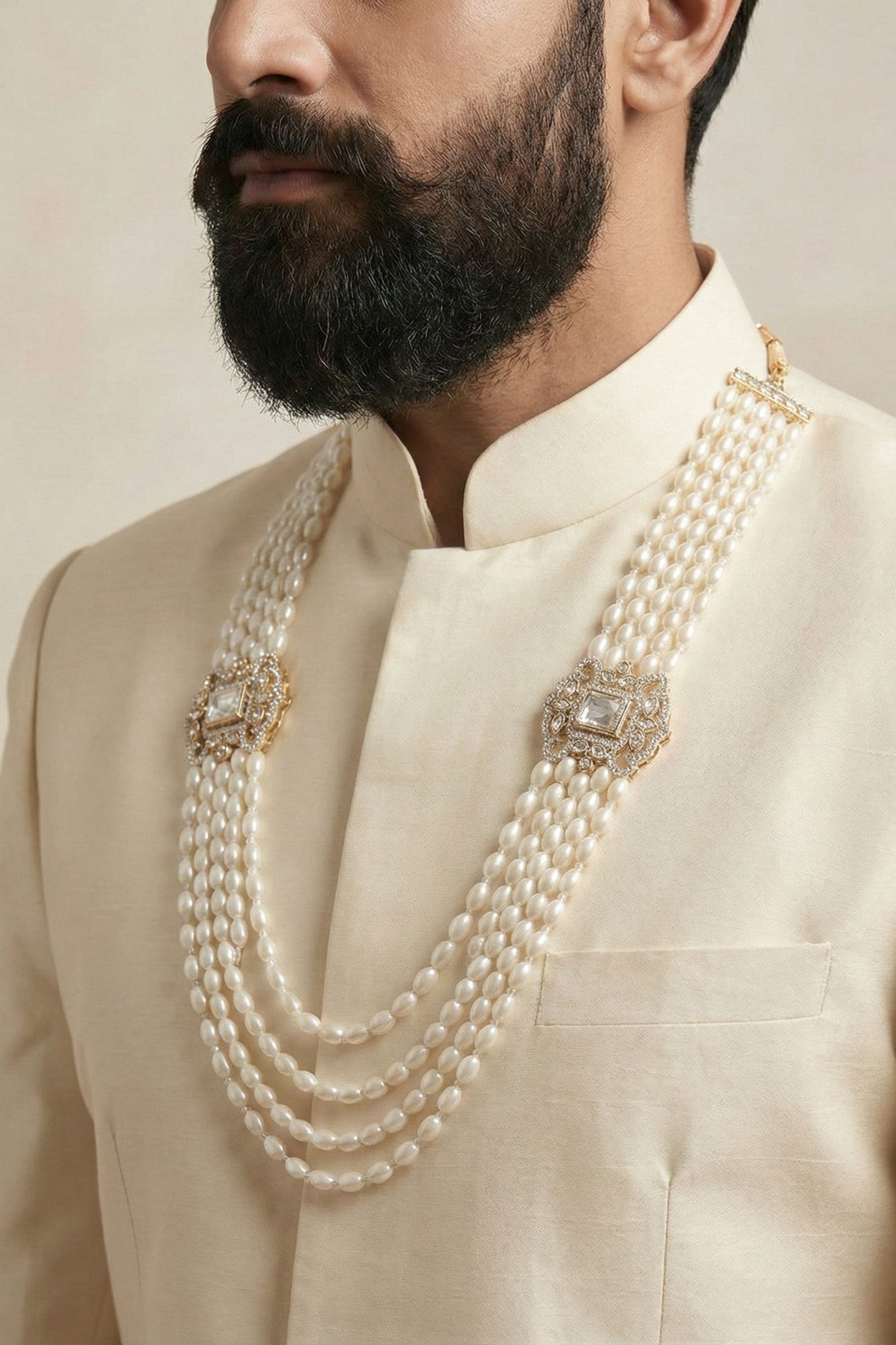 Premium Multi-Layer Pearl Mala with Clear Stone Brooches