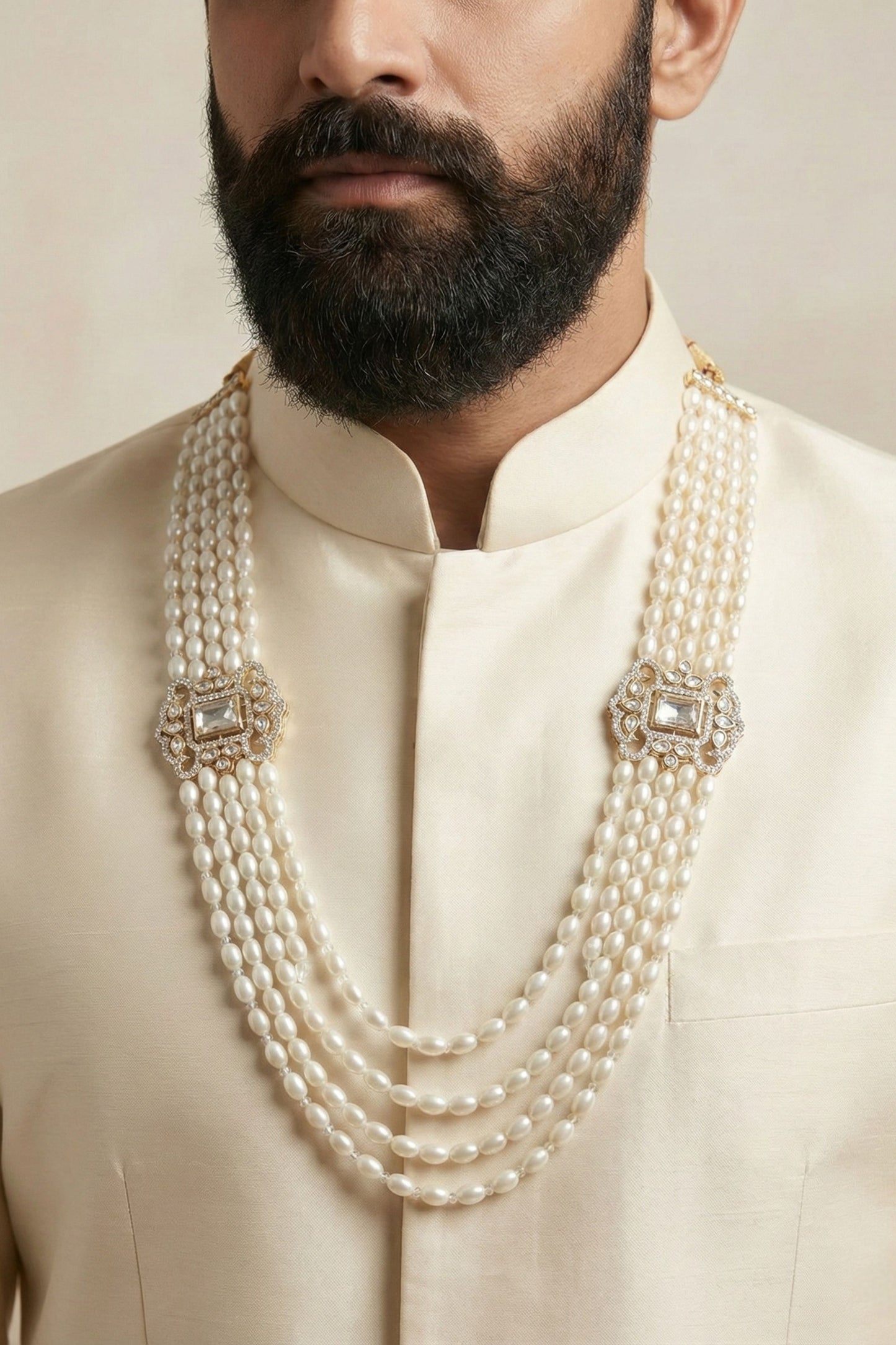 Premium Multi-Layer Pearl Mala with Clear Stone Brooches