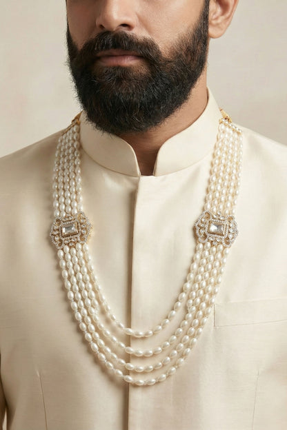 Premium Multi-Layer Pearl Mala with Clear Stone Brooches