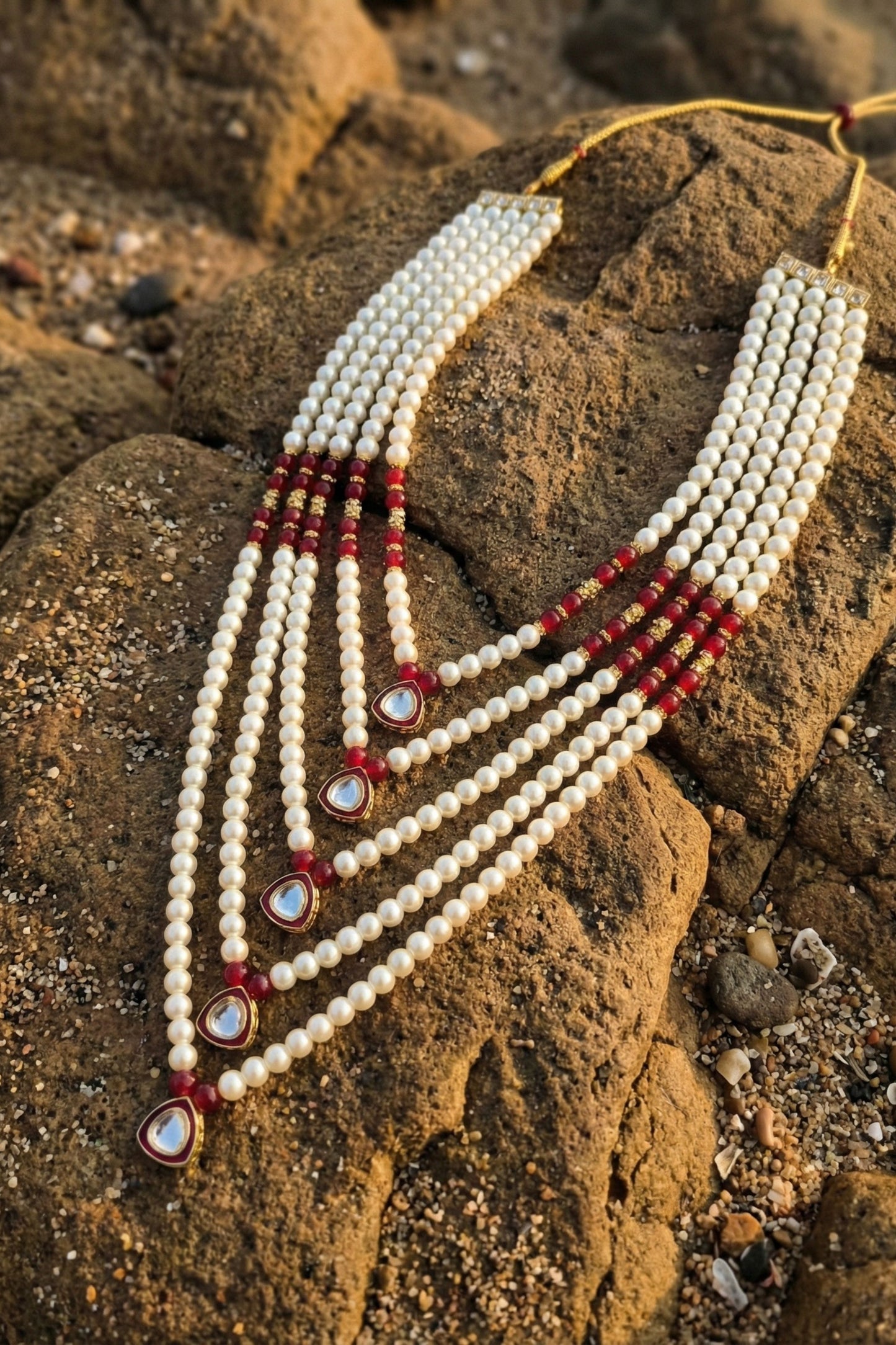 Traditional Multi-Layer Pearl & Red Stone Mala