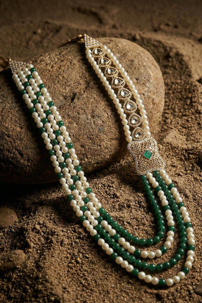 3-Layer Pearl and Green Bead Mala with Side Pendant