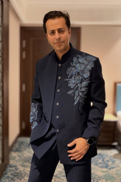 Salim Merchant In Our Navy Blue Hand Painted Indowestern