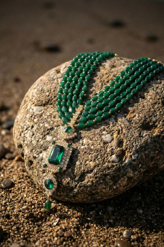 Multi-Strand Green Bead Mala with Emerald-Cut Pendant