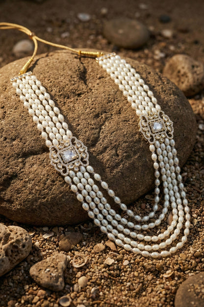 Premium Multi-Layer Pearl Mala with Clear Stone Brooches