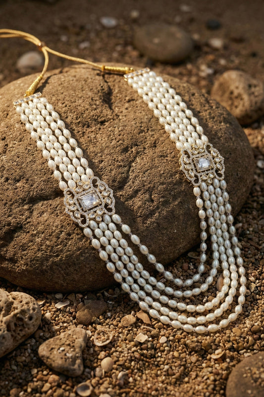 Premium Multi-Layer Pearl Mala with Clear Stone Brooches
