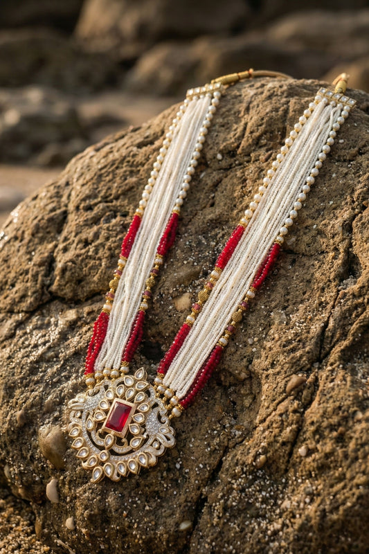 Premium Multi-Strand Pearl & Red Bead Mala