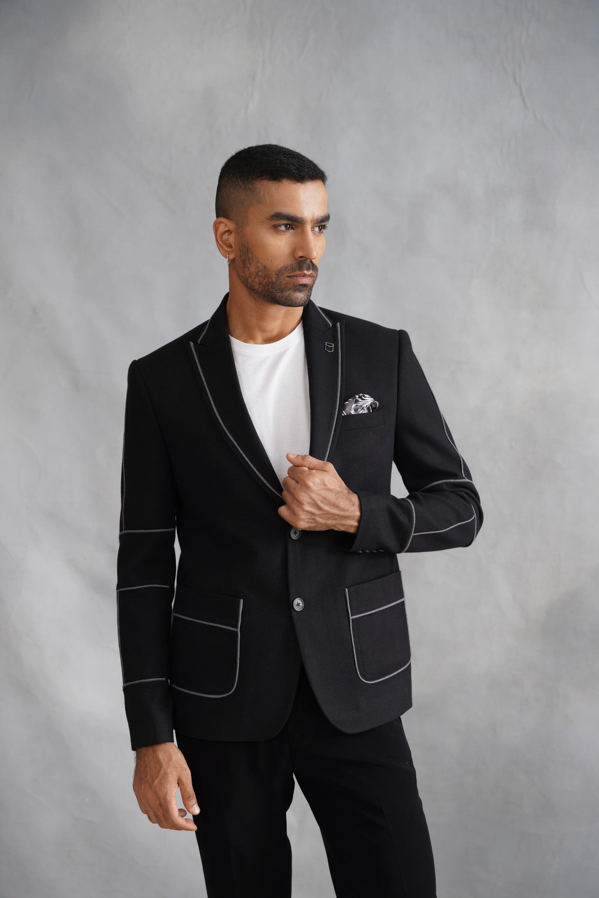 Black Poly Cotton Blazer with Piping Work
