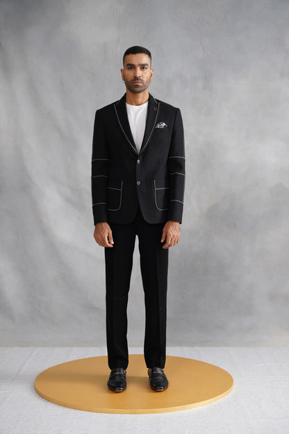 Black Poly Cotton Blazer with Piping Work