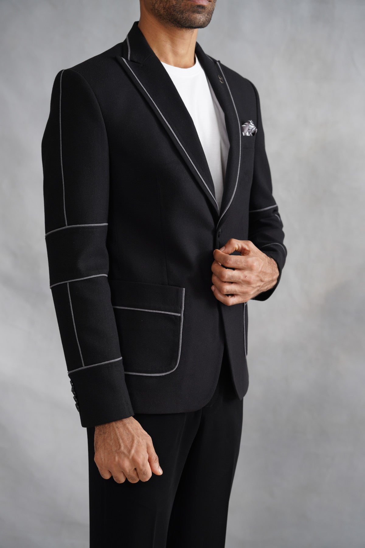 Black Poly Cotton Blazer with Piping Work