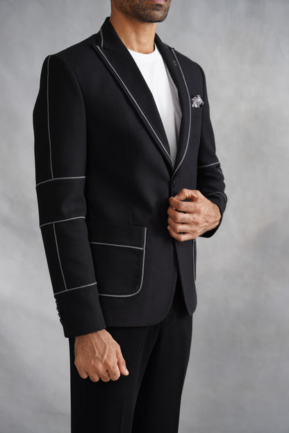 Black Poly Cotton Blazer with Piping Work