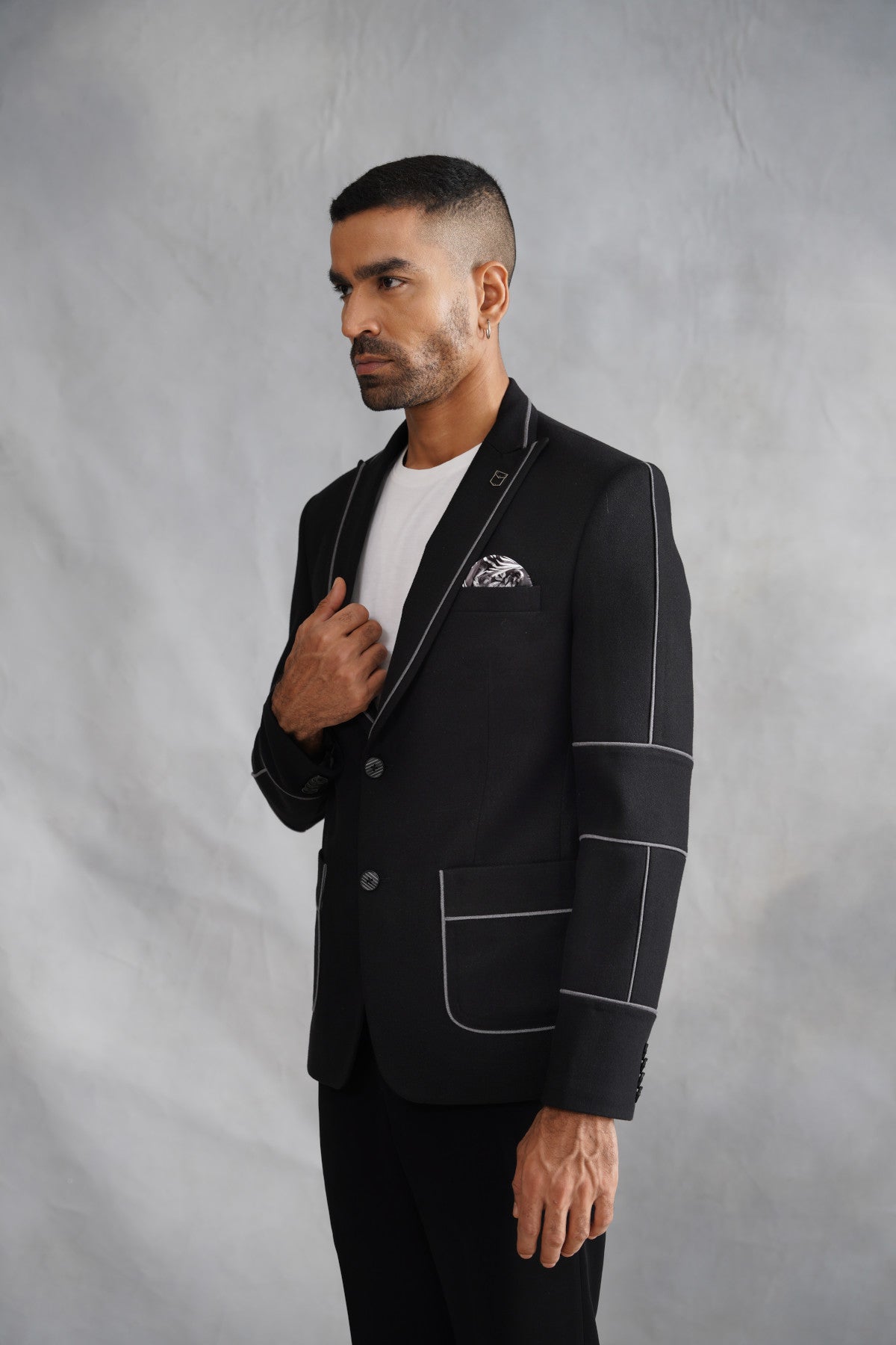 Black Poly Cotton Blazer with Piping Work