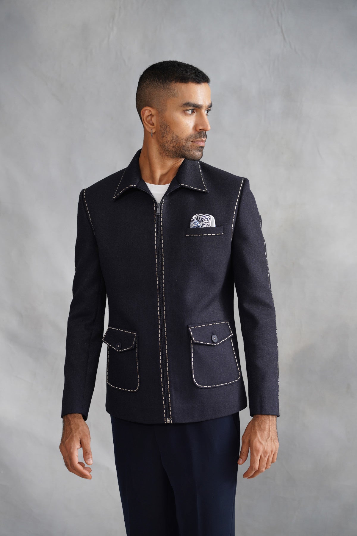 Navy Jacket with Thread Embroidery