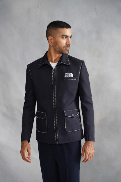 Navy Jacket with Thread Embroidery
