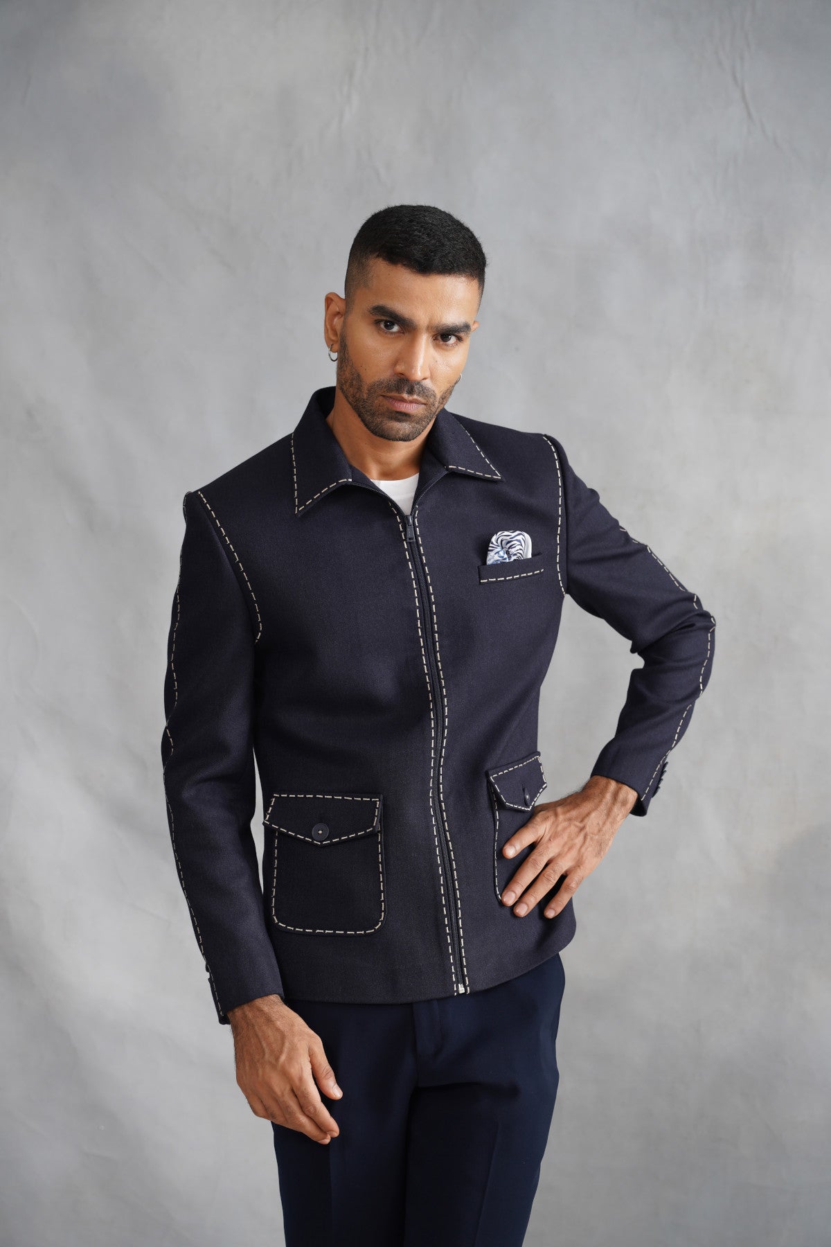 Navy Jacket with Thread Embroidery