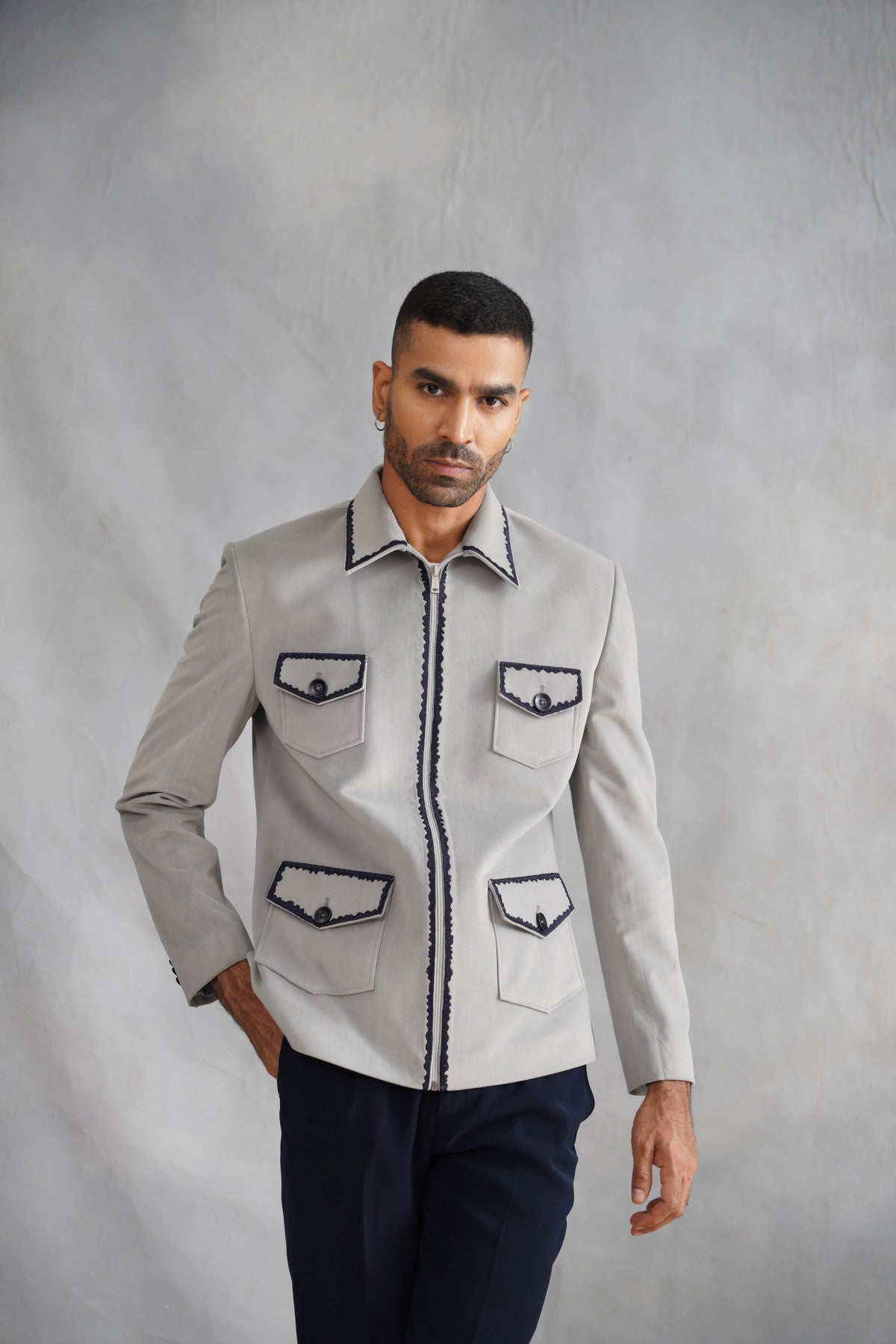 Grey Thread Embroidered Suede Jacket