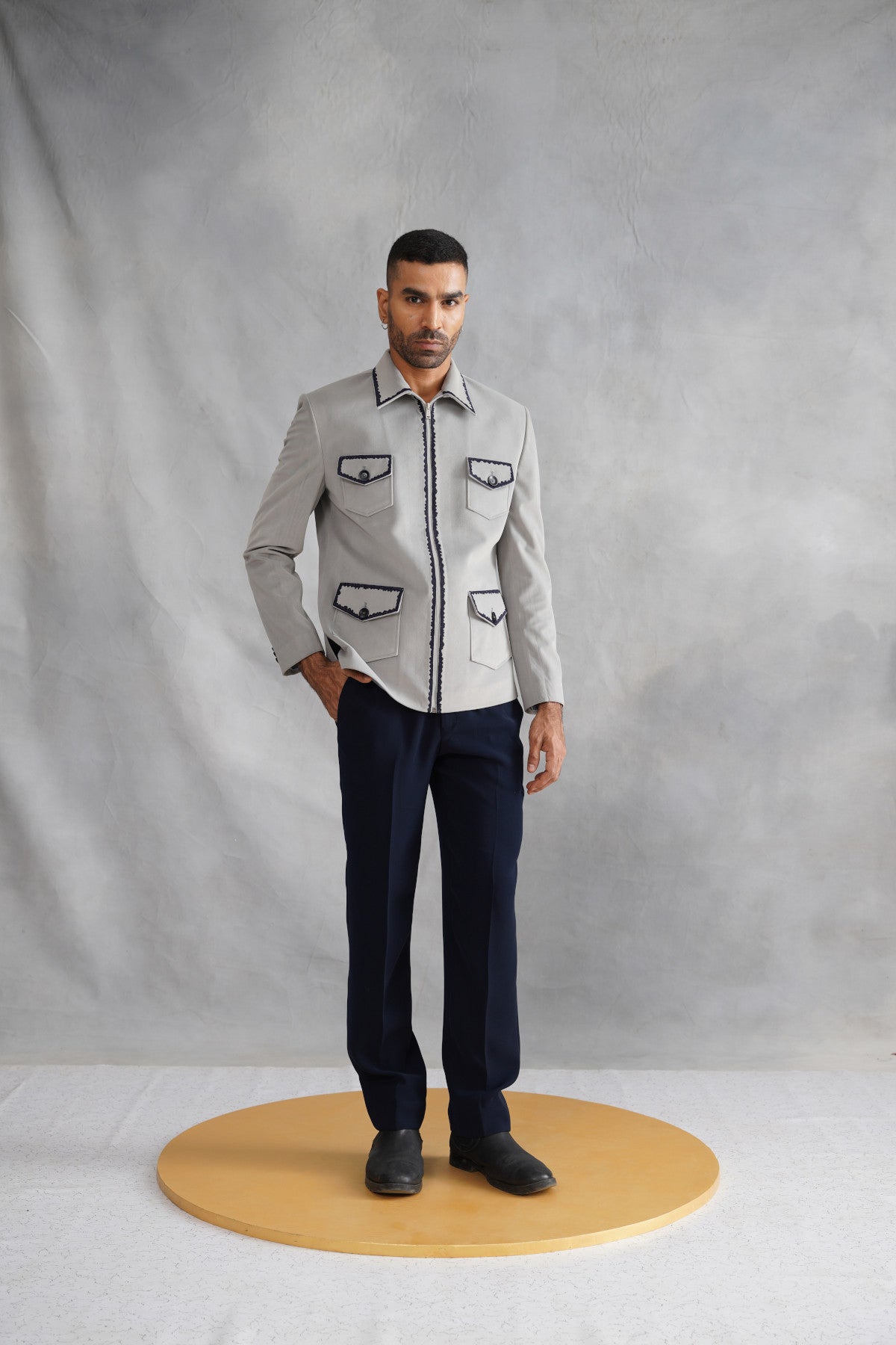 Grey Thread Embroidered Suede Jacket