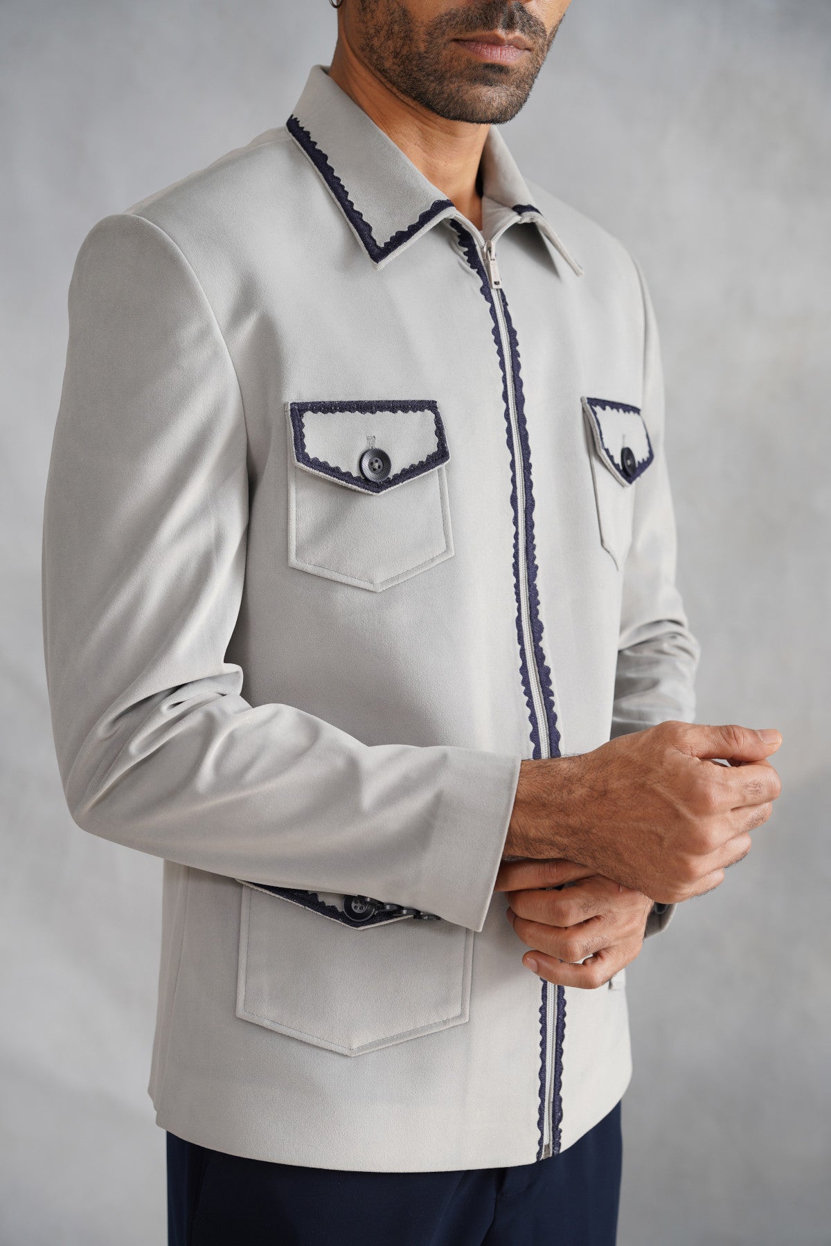 Grey Thread Embroidered Suede Jacket